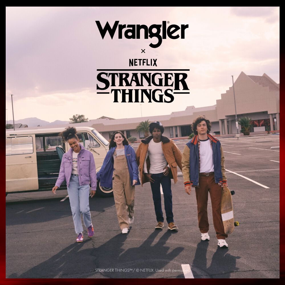 Wrangler takes you back to Hawkins. / Relive the iconic 80s style with this brilliant collection. / Discover now!