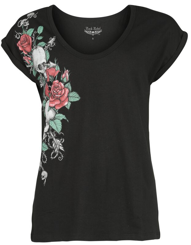 T-Shirt with Roses and Skulls