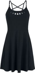 Black Dress with Pentagram Straps and Phases of the Moon Print, Gothicana by EMP, Short dress