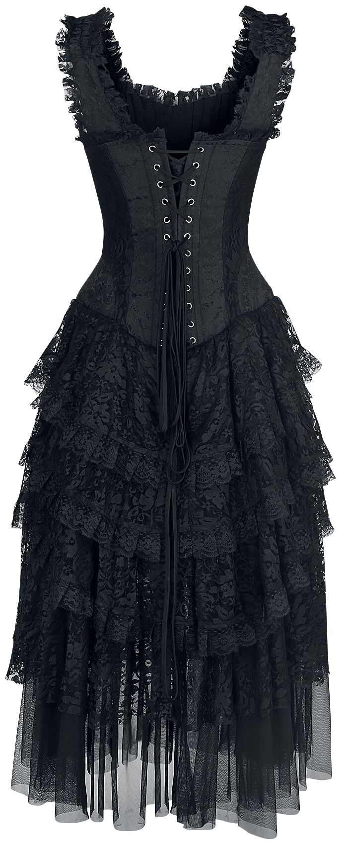 Schwarzes Gothic Kleid mit Korsage und Volant-Rock aus Spitze und Tüll ...