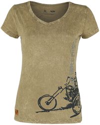 Rock Rebel X Route 66 - Green T-shirt with Wash and Motorbike Print