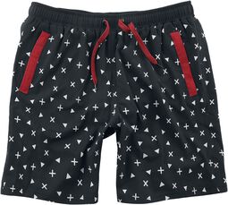 Black Swim Shorts with All-Over Print and Red Details