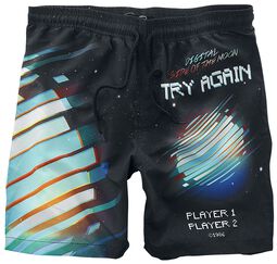Black swim shorts with colourful prints