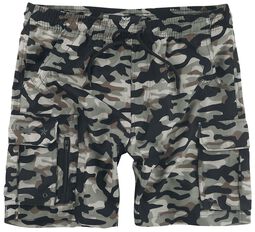swim shorts with camouflage pattern and pockets
