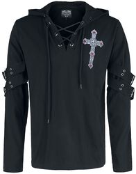Gothicana X Anne Stokes - Black Long-Sleeve Shirt with Print and Lacing, Gothicana by EMP, Long-sleeve Shirt