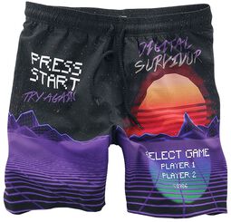 Black swim shorts with colourful prints
