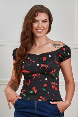 "Babe cherries and bows top" Top black by Banned Alternative, view 1