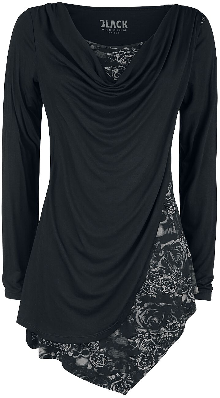 Black Long-Sleeve Shirt with Waterfall Neckline and Print | Black ...