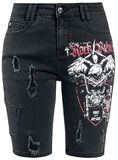 Black Denim Shorts with Print and Distressed Effects, Rock Rebel by EMP, Shorts