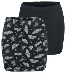 Double Pack of Black Skirts in Block Colour and with Print, Gothicana by EMP, Short skirt