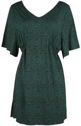 Dark Green Dress with Print, Wide Sleeves and Gathering at the Waist